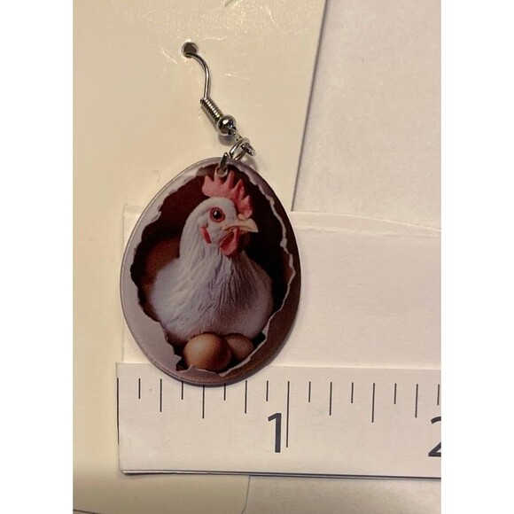 Rooster in a Chicken Egg Dangle Earrings Quirky Whimsical Kooky Barnyard Animal - Picture 6 of 6